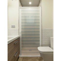 Rollaway screen-shower. Extensible 150-220 cm width. White aluminium. White PET door with lines. CE marking.