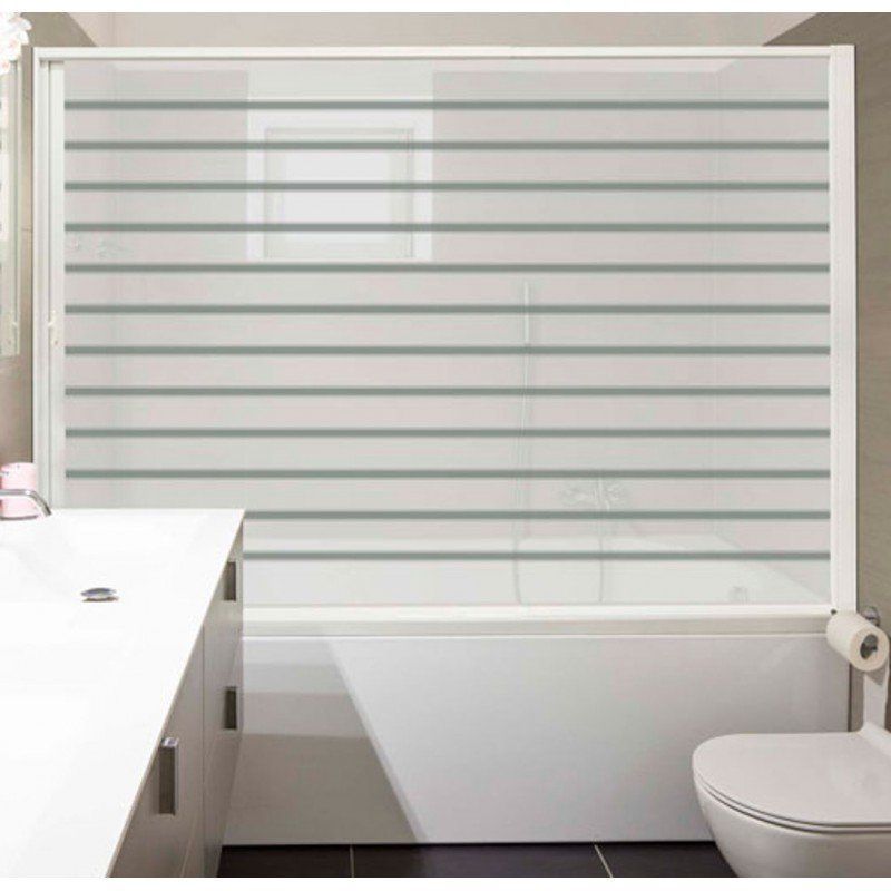 Mampara enrollable de bañera de 90 a 150 cm de ancho (lámina blanca  translúcida con líneas horizontales).